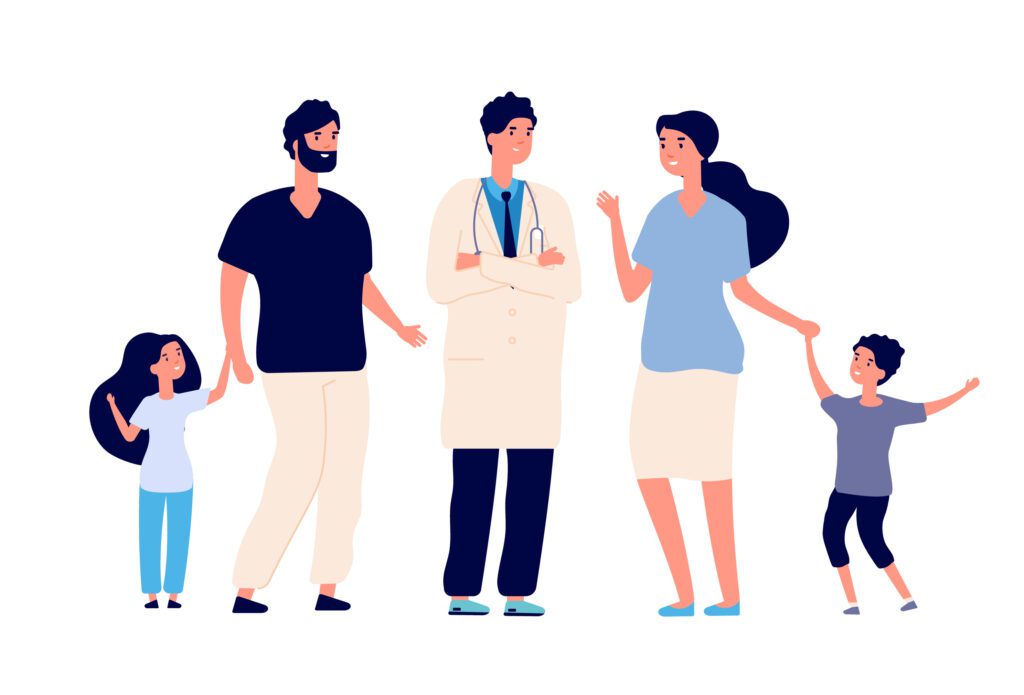 Family,Doctor.,Big,Healthy,Family,With,Therapist.,Parents,Kids,Patients